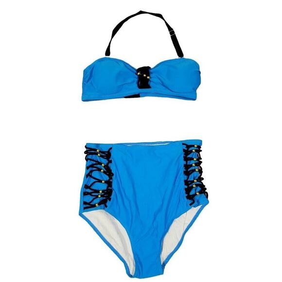 Wearion Bikini Two Piece Blue High Waist Black Criss Cross Bathing Swim Suit NEW - Picture 2 of 9